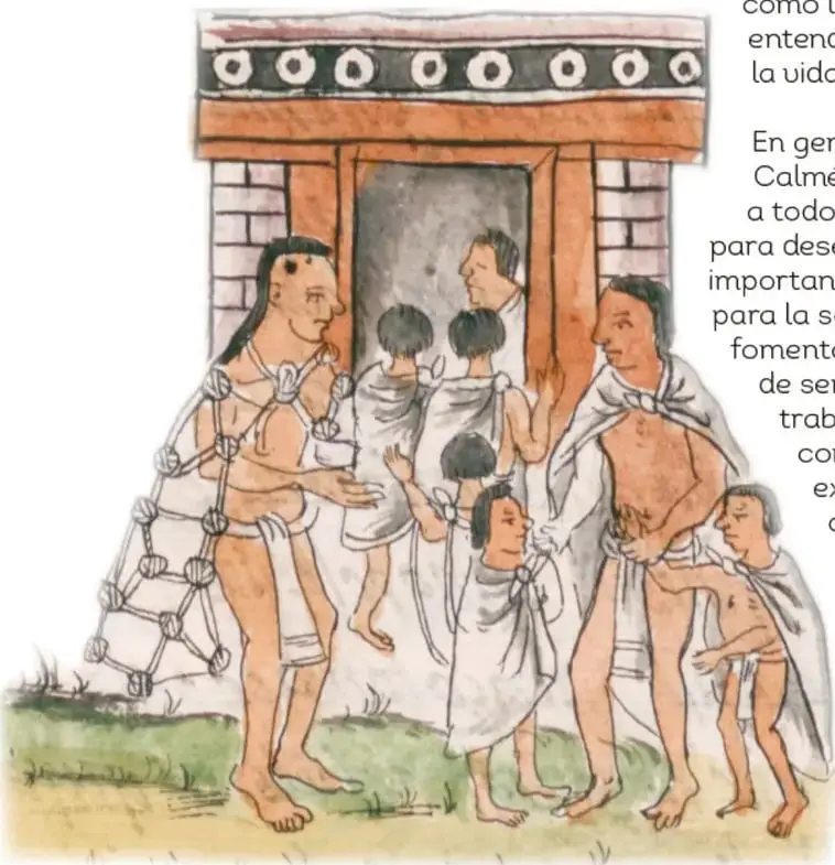 Ilustración de estilo histórico: niños con mantas blancas siendo recibidos o instruidos ante la entrada de un edificio ceremonial mexica, acompañados por adultos (maestros o sacerdotes); uno de los niños porta un objeto con forma de red, representando el ingreso a la vida disciplinada del Calmécac.