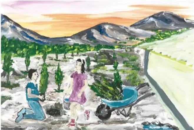 Pintura de Abdón Pinedo García (Zacatecas): una persona arrodillada planta un pino mientras otra lo acompaña con una carretilla azul cargada de árboles, en un valle entre montañas con cielo anaranjado del atardecer.