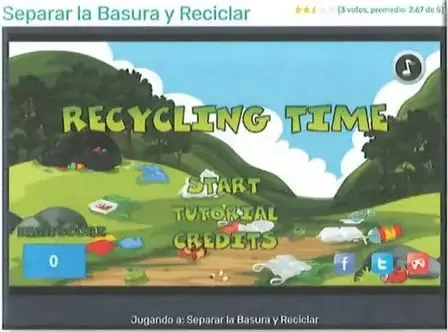 Captura de un juego digital de reciclaje con el título en inglés Recycling Time.
