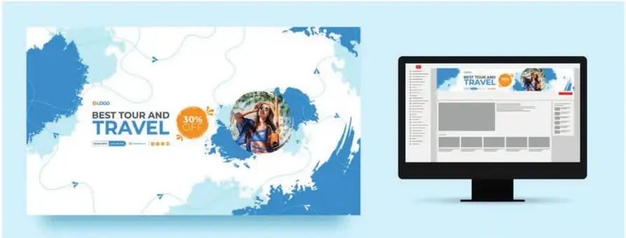 Ejemplo de poster 'BEST TOUR AND TRAVEL 30% OFF' y la misma imagen visualizada en una pantalla de computadora.