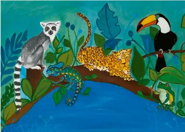 Pintura naïf: lémur de cola a rayas, leopardo dorado, camaleón azul, tucán de pico naranja y negra, y una rana verde posados sobre una rama sobre un río azul con vegetación; obra de Graciela Patricia Frutos Maza, Ciudad de México.
