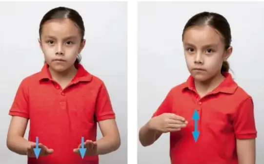 Dos recortes del niño con camisa azul señalando con el dedo hacia arriba y hacia abajo, conectados por una flecha roja vertical.