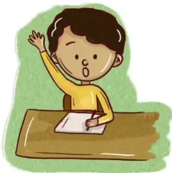 Ilustración de un niño sentado en un pupitre levantando la mano, con una hoja y lápiz, en un salón de clases.