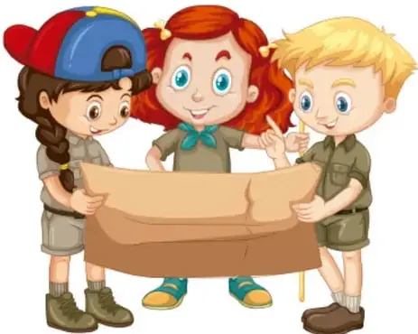 Tres niños exploradores sosteniendo un mapa grande, mirándolo con interés.