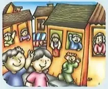 Ilustración de una localidad rural con cultivos, un río, animales, viviendas, árboles, montañas y personas trabajando.