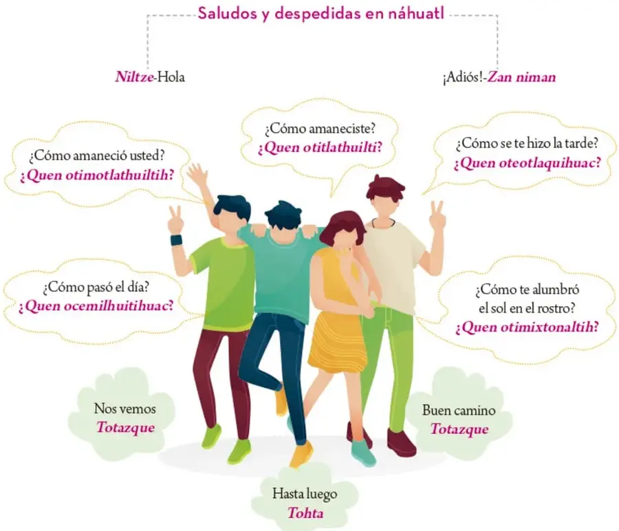 Ilustración de cuatro jóvenes de pie con globos de diálogo que contienen saludos y preguntas de cortesía en español y su equivalente en náhuatl, además de nubes inferiores con despedidas: Nos vemos/Buen camino (Totazque) y Hasta luego (Tohta). Encima, un recuadro punteado titulado “Saludos y despedidas en náhuatl” con Niltze-Hola e ¡Adiós!-Zan niman.