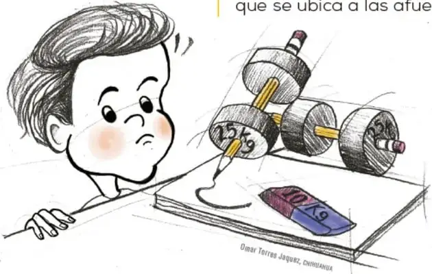 Ilustración de un niño pensativo apoyado en una mesa, con varios lápices y una goma de borrar; alude a las dificultades de Ernesto para sostener el lápiz.