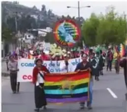 Marcha de la CONAIE con bandera multicolor por unidad y derechos.