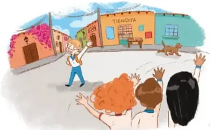 Una niña pelirroja ofrece una pelota verde a un niño que la recibe con las manos.