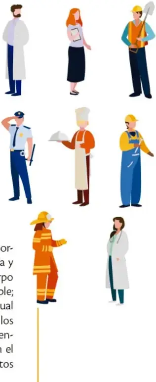 Ilustraciones de personas con distintos oficios: médico, maestra, obrero, policía, chef, bombera, doctora, mostrando los roles sociales.