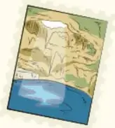 Ilustración tipo estampilla con un paisaje y un cuerpo de agua.