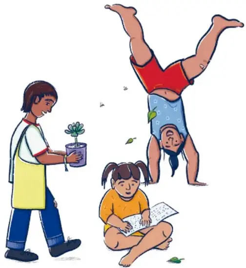 Ilustración naïf: niño con mandil amarillo cargando una maceta con un brote, niña parando en manos con shorts rojos y niña sentada leyendo un libro; hojas flotando; de Mariana Flores Serrano, Ciudad de México.
