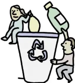 Ilustración de dos personas depositando residuos (bolsa y botella) en un contenedor con el símbolo de reciclaje.