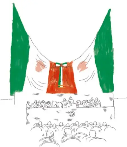 Ilustración de una asamblea comunitaria: dos banderas verdes a los lados, una persona con vestimenta roja y verde al centro, y un grupo de personas sentadas escuchando.