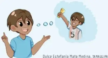Ilustración de un niño señalando hacia arriba mientras recuerda, en un globo de pensamiento, a otro niño con un trofeo y una camiseta con el número 5. Crédito: Dulce Estefanía Mata Medina, Tamaulipas.
