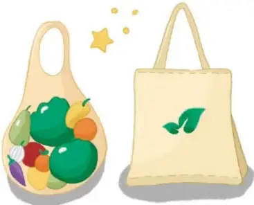 Bolsa de mandado de papel con pan, cartón y verduras, junto a una canasta de mimbre con huevos.