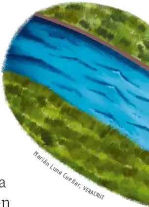 Ilustración de un río a la orilla de praderas verdes; crédito: Marián Luna Cuéllar, Veracruz.