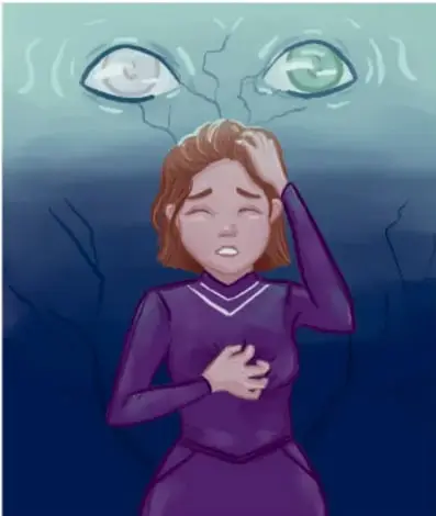 Ilustración de una mujer joven con expresión de angustia, rodeada de ojos flotantes que la observan. Viste un atuendo morado con cuello blanco. Debajo, el crédito: 'Vivian Lissette Esquivel Martínez, Estado de México'.