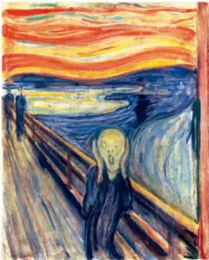 Reproducción de la pintura El grito de Edvard Munch: figura pálida con boca abierta sobre un puente, cielo ondulado en tonos naranjas y rojos y paisaje azul oscuro.