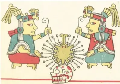 Códice ilustrado de estilo mexica: dos deidades con tocados y adornos sentadas frente a frente y, entre ellas, una figura solar radiante con rasgos de jaguar y un cráneo, sobre franjas rojas.