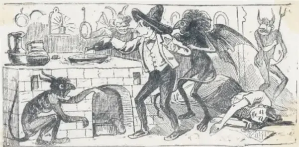 Grabado de dos calaveras: una con canasta (garbancera) y otra con sombrero, caminando.