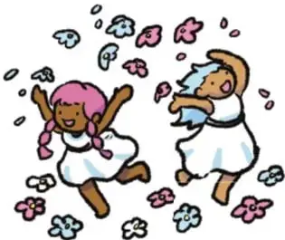 Ilustración de dos niñas jugando o danzando entre flores; crédito: Damián Caballero, Nuevo León.