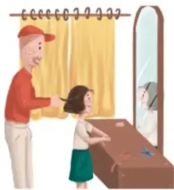 Salón de clases con una maestra en el pizarrón y niños barriendo y recogiendo el aula.