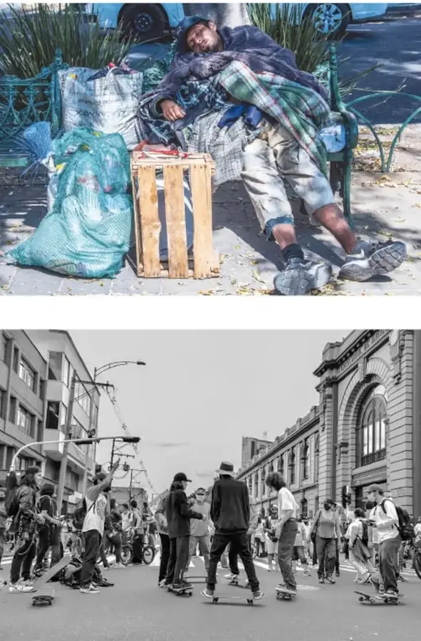 Fotografía de un hombre en situación de calle durmiendo en una banca, con bolsas y una caja de madera, reflejando pobreza y exclusión.