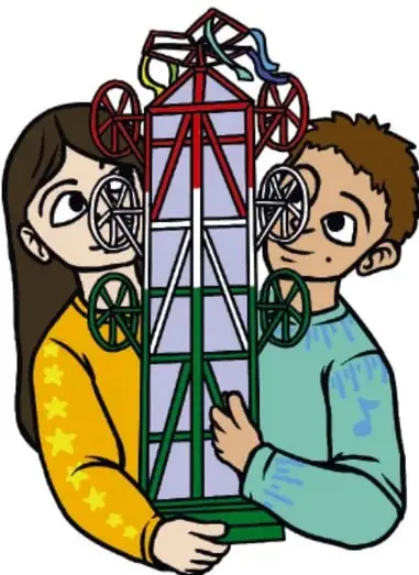 Ilustración de dos estudiantes (una niña con suéter amarillo con estrellas y un niño con suéter azul) sosteniendo juntos un modelo de castillo pirotécnico con ruedas y estructura triangular. Crédito: Sarid Amisadai Limón Huerta, Baja California.