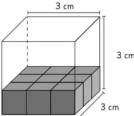Cubo de 3 cm de arista con la capa base formada por 9 cubos grises.