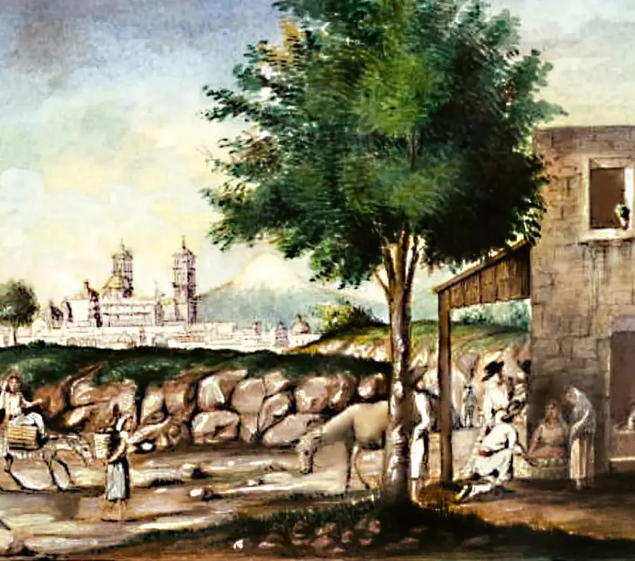 Lámina 'Campesinos de Puebla' de Bernardo Olivares Iriarte (1856-1873): paisaje rural con campesinos trabajando, árbol central, arquitectura a la izquierda con torres y un volcán al fondo, y escena de comercio bajo una casona a la derecha.