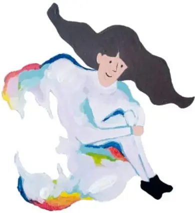 Persona pintada como burbuja iridiscente que flota patas arriba, con colores azul, rojo y amarillo en los bordes.