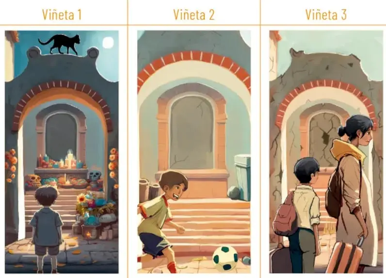Historieta de tres vinetas. Vinetas 1: nino de espaldas frente a un altar con flores y un gato negro sobre un arco. Vinetas 2: nino jugando futbol frente a un arco. Vinetas 3: madre e hijo con maletas frente a un arco en ruinas.