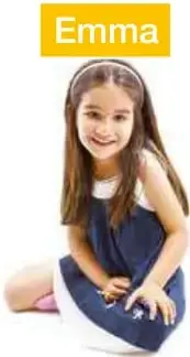 Niña llamada Emma sentada con jeans y suéter azul.