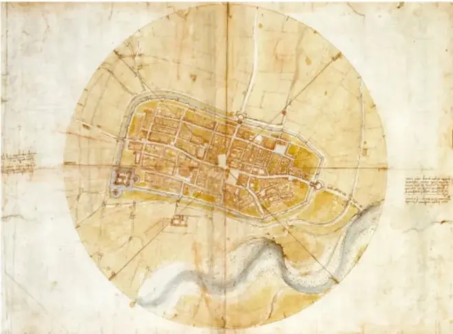 Plano antiguo en forma circular, de estilo renacentista, que muestra una ciudad amurallada con calles y un río, atribuible a Leonardo da Vinci.