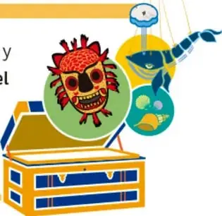 Caja de cartón abierta de la que salen objetos: caracol, concha, hojas, ramas, listón rojo y collar de cuentas.