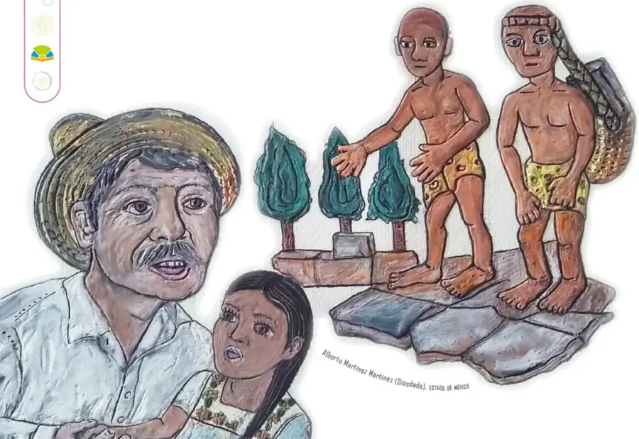 Ilustración en acuarela/tinta: una niña con trenzas mirando con asombro y su abuelito con sombrero de paja y bigote, junto a dos figuras gigantes (uemas) de pie sobre un muro de piedra entre árboles; uno carga una tela al hombro. Firma: Alberto Martínez Martínez (Dizedded), Tetela de Ocampo.