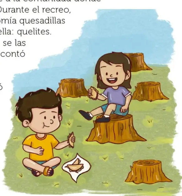 Ilustración de Alberto (niño con camiseta amarilla) sentado en el pasto comiendo una quesadilla con quelites, y Julia (niña con camiseta morada) sentada sobre un tocón de árbol, conversando con él. Alrededor hay varios tocones de árboles talados. Crédito: Gimenna Schiaffini Rosales, PUEBLA.