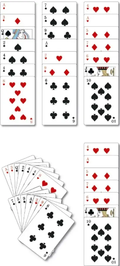 Tres columnas de cartas de la baraja inglesa. La primera columna muestra el As de diamantes, 3 de diamantes, Q de picas, 2 de picas, 4 de picas, 4 de tréboles, 8 de corazones. La segunda columna muestra 7 de picas, 5 de picas, 9 de tréboles, A de tréboles, 3 de corazones, 9 de diamantes, 6 de tréboles. La tercera columna muestra 4 de corazones, A de diamantes, 5 de diamantes, 7 de diamantes, 6 de corazones, J de tréboles, 10 de picas.