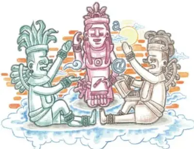 Ilustración de tres figuras prehispánicas (posiblemente mexicas o andinas) con penachos y tocados, sentadas sobre nubes, en tonos verde, rosa y crema.
