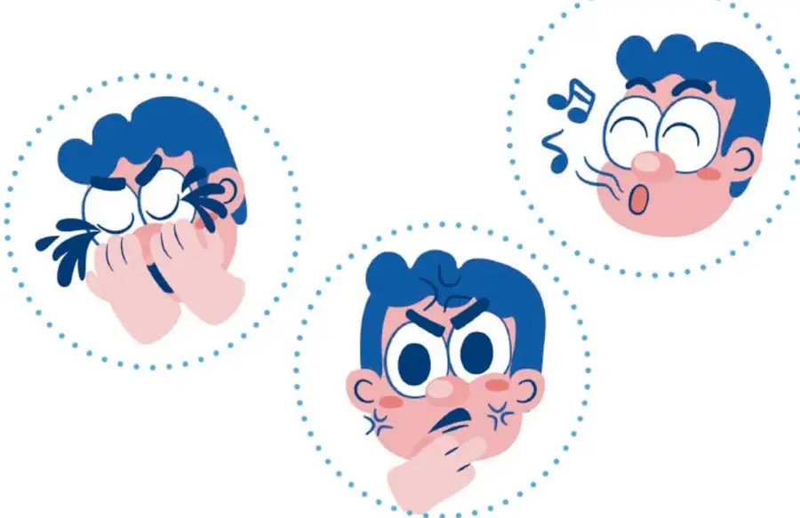 Personaje con ojos llorosos y manos en el rostro, rodeado de puntos azules, representa tristeza.