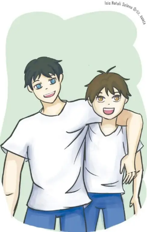 Ilustración de dos estudiantes: Marcos, más alto, abraza por el cuello a Fernando, más bajo, ambos sonrientes. Crédito: Isis Natali Salama Ortiz.