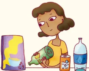 Bote de basura naranja con la etiqueta 'BASURA 1° B' y residuos alrededor