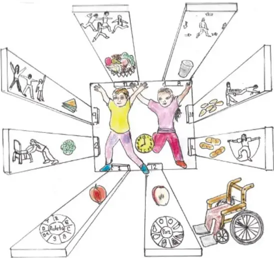 Ilustración de Abdón Pinedo García (Zacatecas): dos niñas de pie sobre un podio con un reloj, rodeadas de ocho paneles que muestran actividades físicas (correr, estirarse, bailar, personas en silla de ruedas) y alimentos (sandía, manzana, platillo), representando el organizador del proyecto de salud.