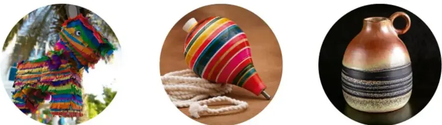 Tres fotografías circulares: una piñata de burro con flecos de papel de colores, un balero de madera con franjas multicolor y su cuerda, y una vasija de barro café con anillos oscuros.