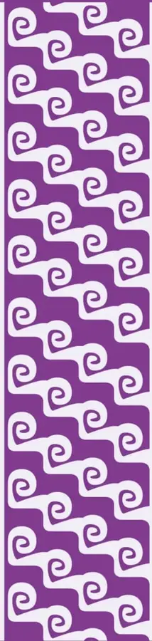 Franja decorativa de color morado con un patrón repetitivo de espirales o volutas blancas, de estilo prehispánico.