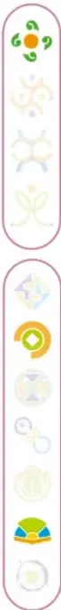 Barra decorativa vertical con iconos de colores (escudos, símbolos de lectura)