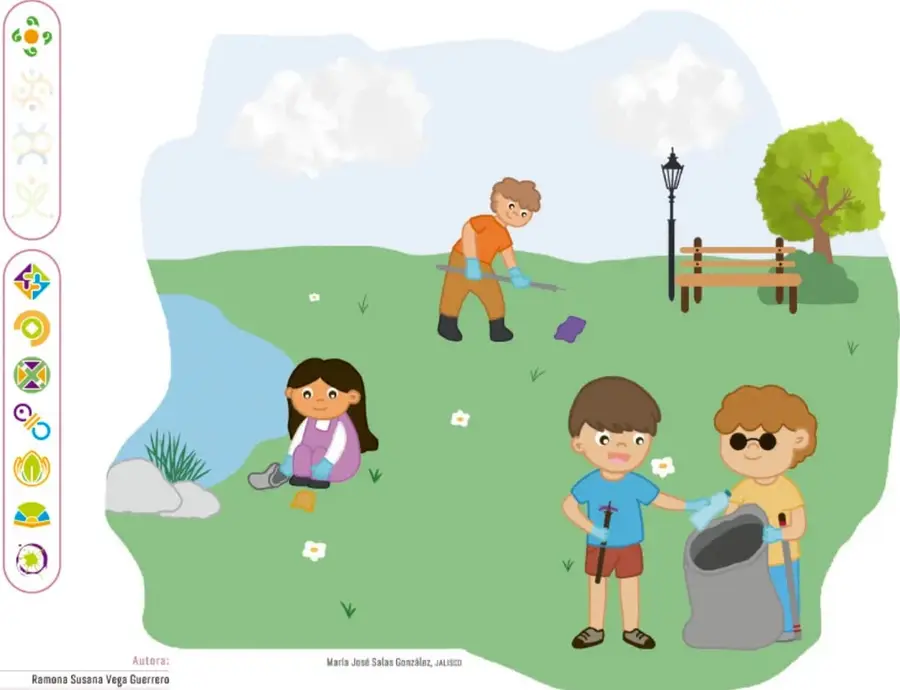Ilustración de un parque con pasto, árboles, banco, lámpara y lago. Cuatro personas de la comunidad limpian: un adulto poda con tijeras de jardinería, una niña recoge basura con guantes, dos niños depositan residuos en una bolsa.