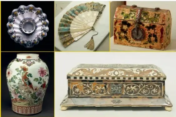 Collage de objetos asiáticos: un plato decorado, un abanico, un cofre, un jarrón y una caja laqueada, que representan la influencia asiática.