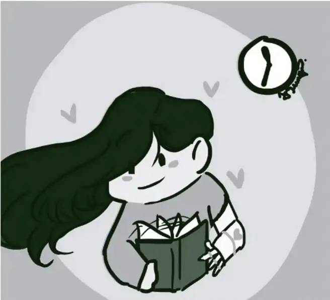 Ilustración de una niña de cabello largo y oscuro leyendo un libro, con un reloj despertador sobre ella y corazones flotando. Crédito: Estefanía Poncell Hernández, Estado de México.